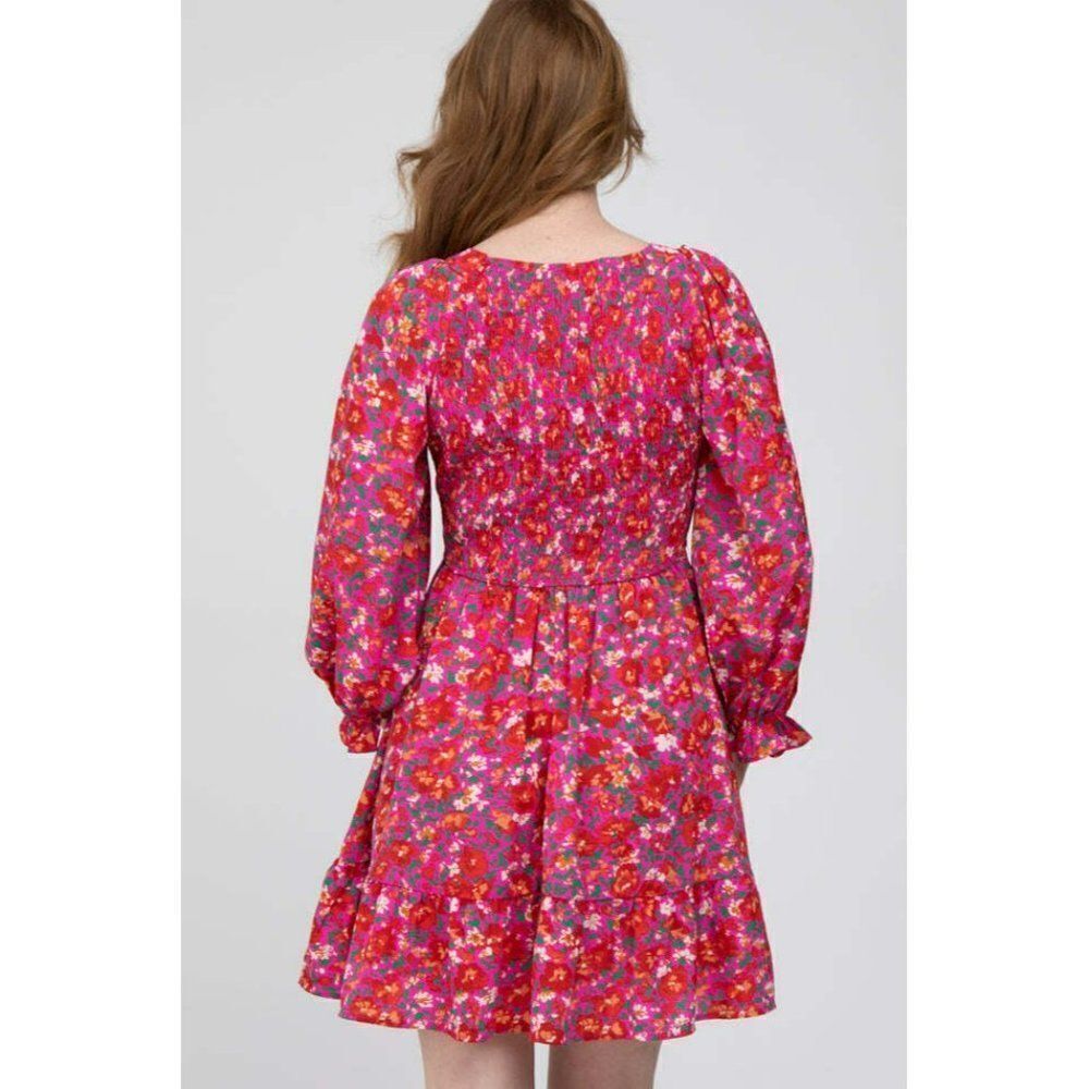 JODIFL Fuchsia Floral Pink Smocked Front Ruffle Trim Dress Fall New S-L G5392-2 - Picture 8 of 8